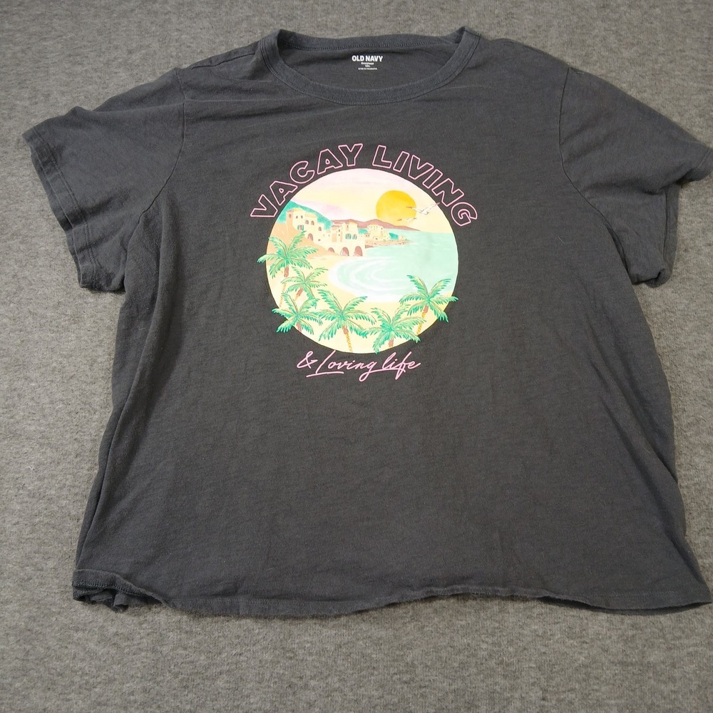 Old Navy Graphic T-Shirt Womens XXL Gray Vacay Living Tropical Cotton 861679-01